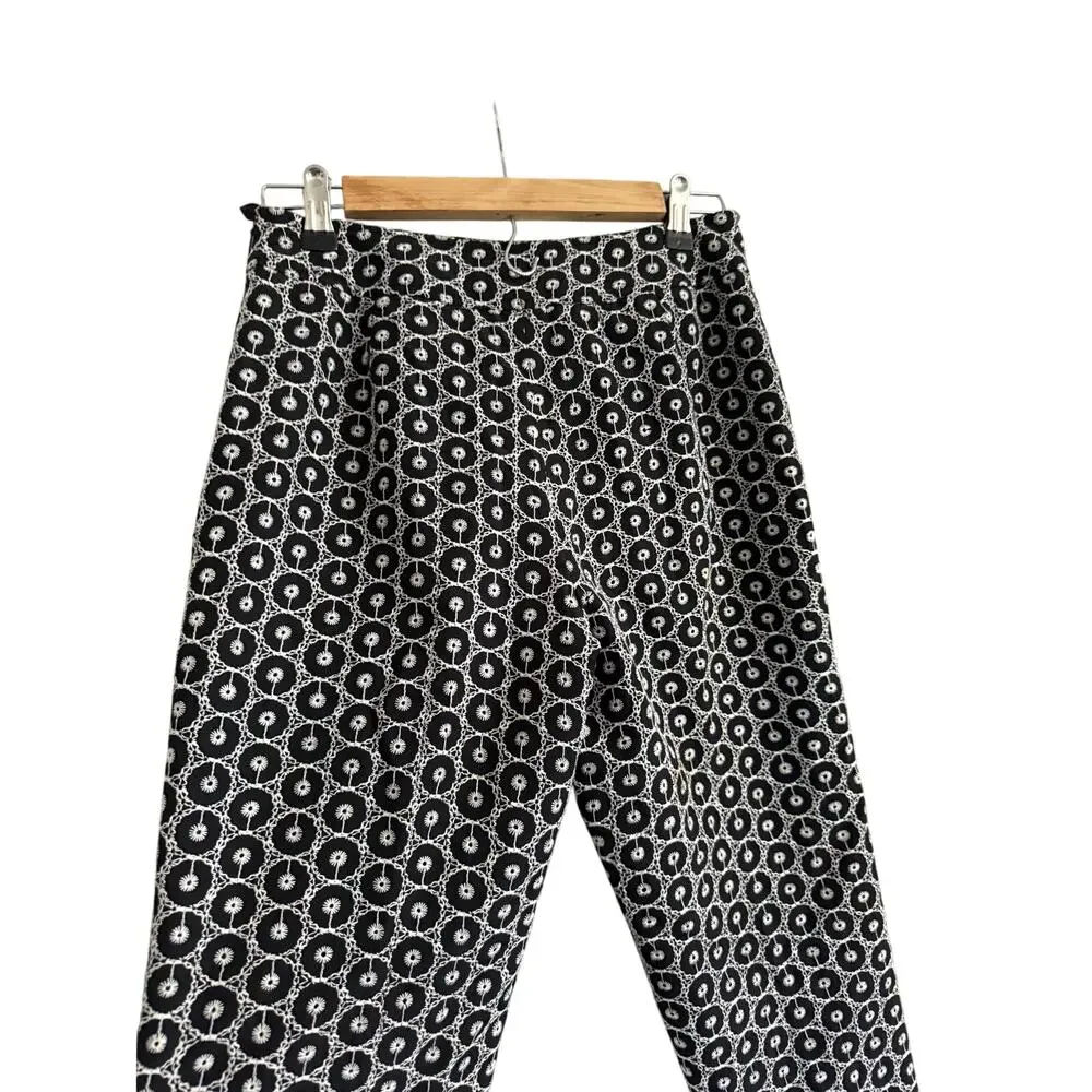 Talbots Black & White Floral Embroidered Silk Blend Cropped Ankle Pants Sz 4p